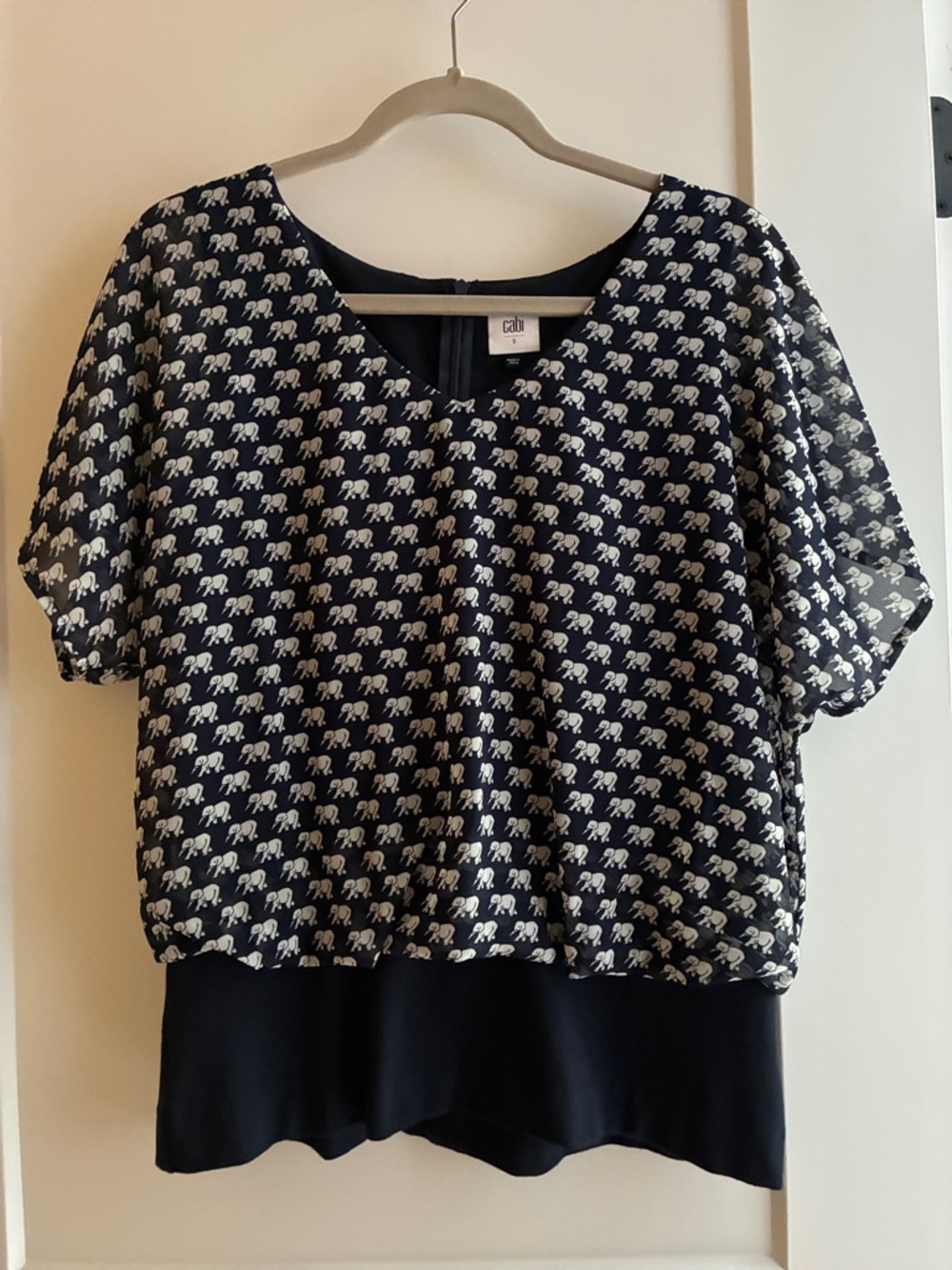 CAbi Navy Blouse with White Elephant Print and Layered Hem, size S